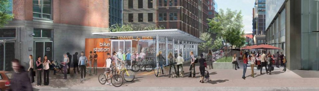 The Bike Hub is a planned bike station with lockers and showers. Rendering from denverurbanism.com; courtesy of BikeDenver.