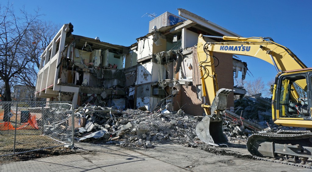 An office building is being torn down at 17th and Lafayette avenues. Photo by Burl Rolett.