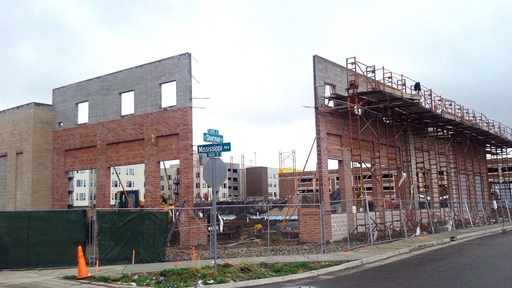 The skeleton of an upcoming grocery store is taking shape on Mississippi Avenue. Photo by Burl Rolett.