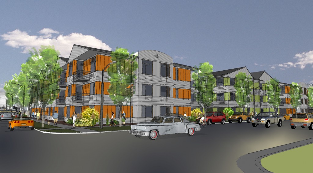 Plans call for four buildings comprising nearly 100 apartments. Rendering courtesy of St. Charles Town Co.