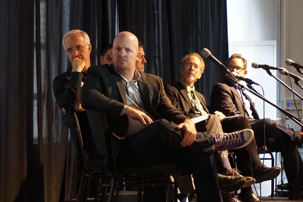 Health and Tech Mashup panelists from front: Chris Franks (Denver Founder’s Network), Jim Franklin (Fluorofinder.com); Eric Hoffman (Evolve Biosciences), Steve Hess (University of Colorado), Gary Hall (Estes Park Medical Center) Patrick Gordon (Colorado Health Plans). Photos by George Demopoulos.