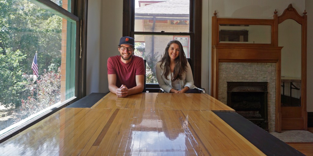 Rex Roberts and Lindsey Strickler are opening a small co-working space, outfitted with conference tables made from old bowling lanes. Photos by George Demopoulos.