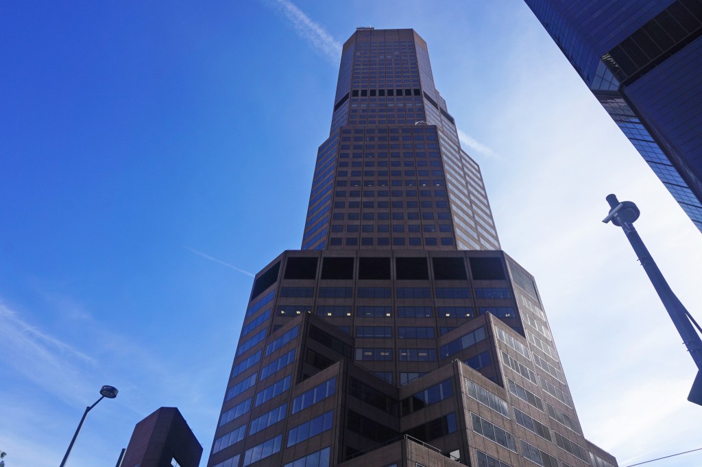 Transamerica plants its logo on one side of the 1801 California St. office tower. Photos by Burl Rolett.