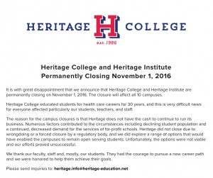 A letter on the Heritage College website announces the closing.