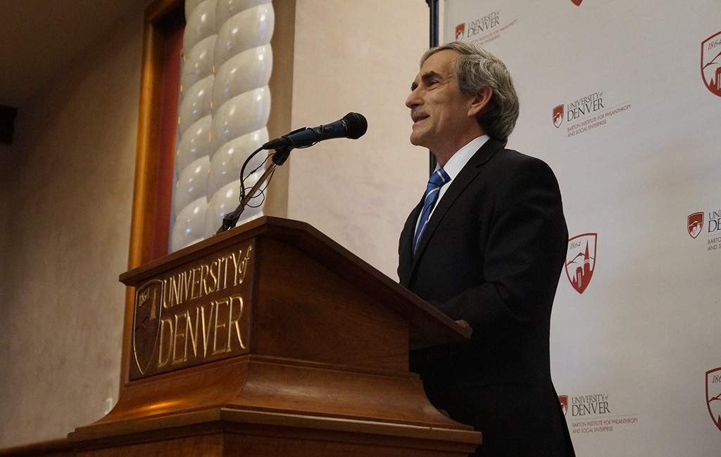 David Miller announces the donation at the University of Denver. (Amy DiPierro)