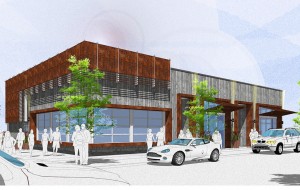 A rendering of the planned three-store retail strip. (Courtesy Elevation)