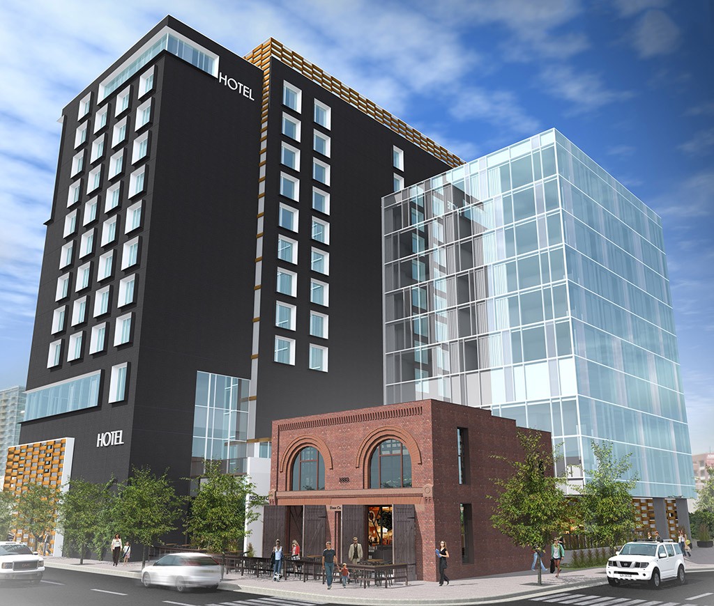 A rendering of the Hilton Garden Inn and attached restaurant, soon to break ground near Union Station. (Courtesy CBRE)