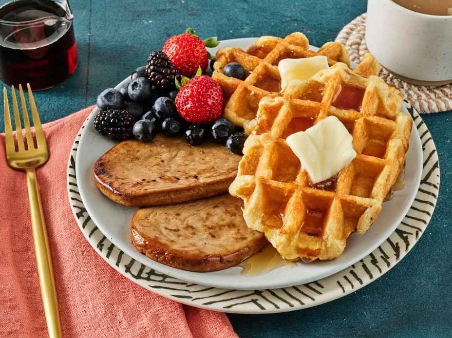 Meati breakfast patty with waffles