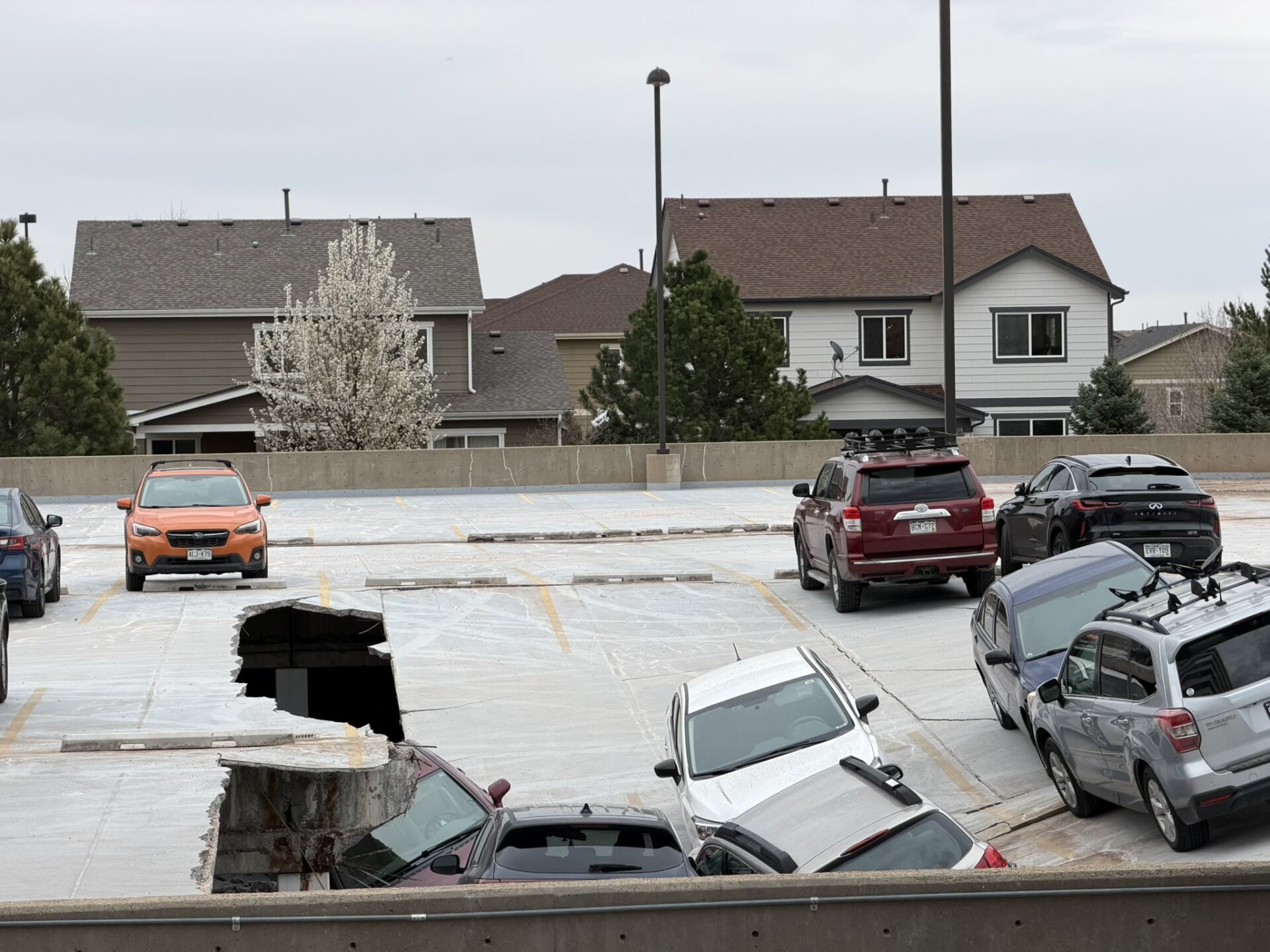 A partially collapsed parking garage at 3600 S. Yosemite Street in Denver.