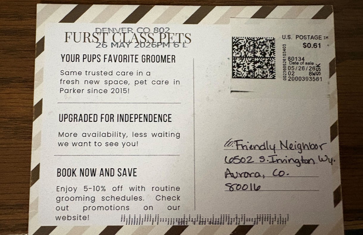 A Furst Class Pets postcard.