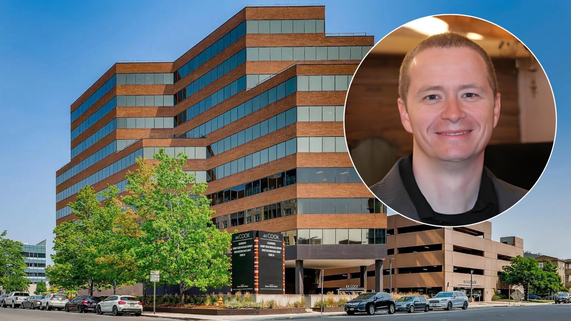 A photo of Kevin Seba and the office building at 44 Cook St. in Denver.