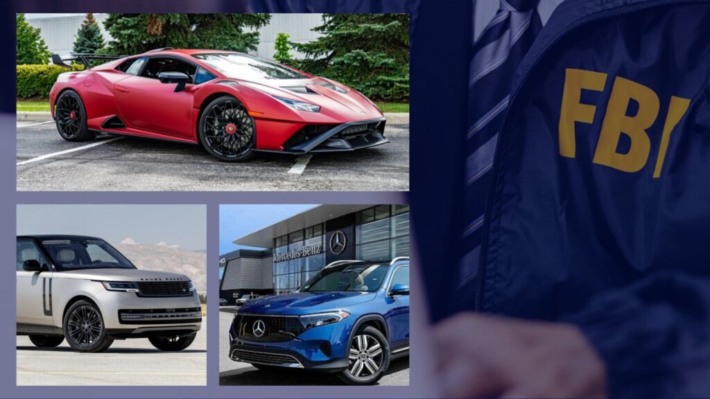 A collage of nice cars backdropped by someone in an FBI jacket.