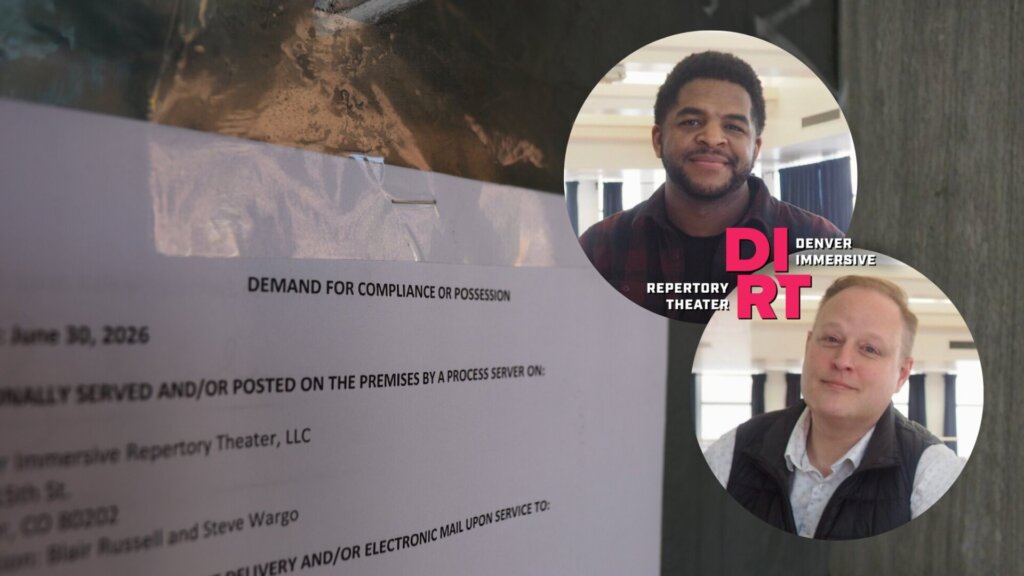 A picture of Blair Russell and Steve Wargo over an eviction notice for the Denver Immersive Repertory Theater.